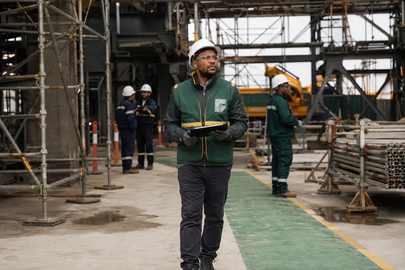 Safety consultant reviewing consultation materials and worksite safety documentation